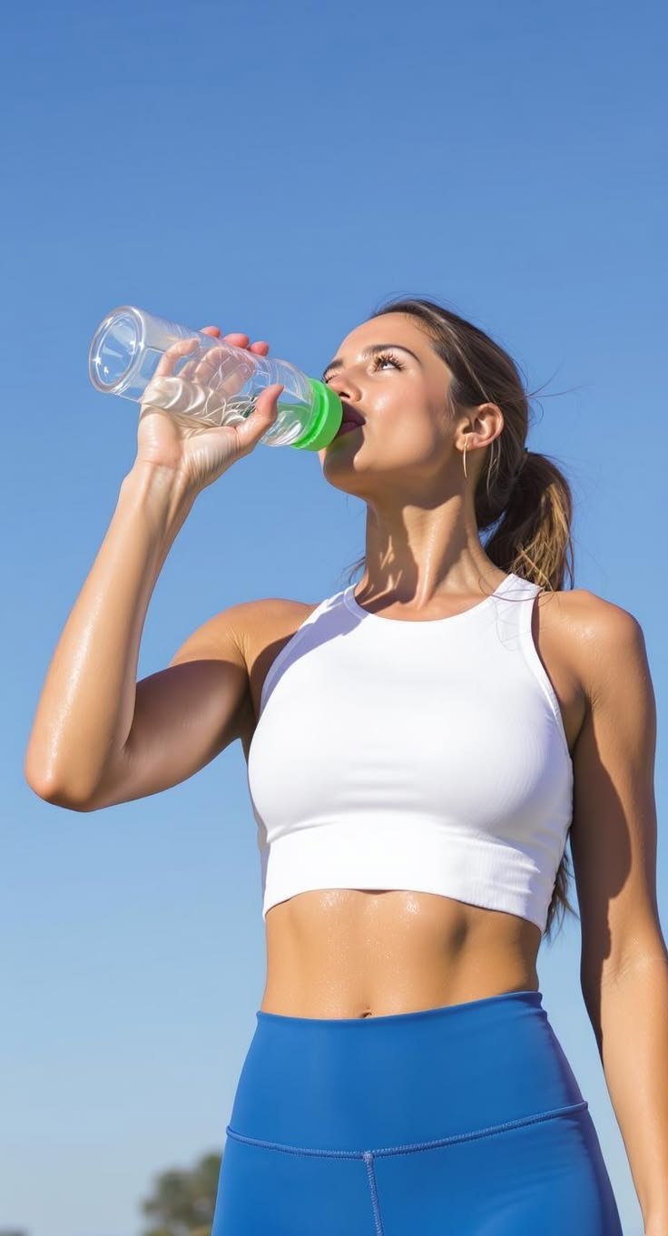 A woman in athletic wear drinking from a water bottle against a clear blue sky
