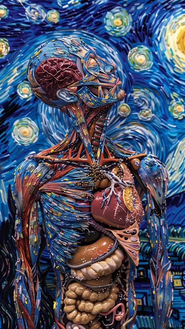 Illustration of human anatomy — brain, heart and digestive organs — in a swirling Van Gogh-style painted background